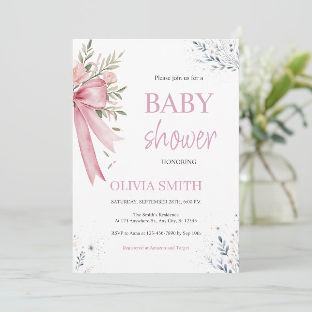 Invitación de Baby Shower de color rosa (Anverso de pie)