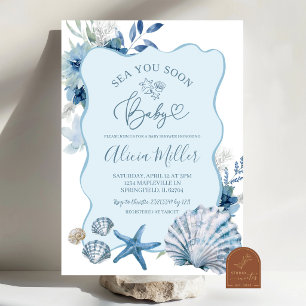 Invitación de baby shower de concha boho azul de v