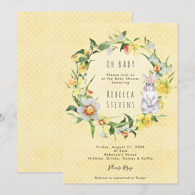 invitación de baby shower de conejito de narcisos  (Anverso / Reverso)
