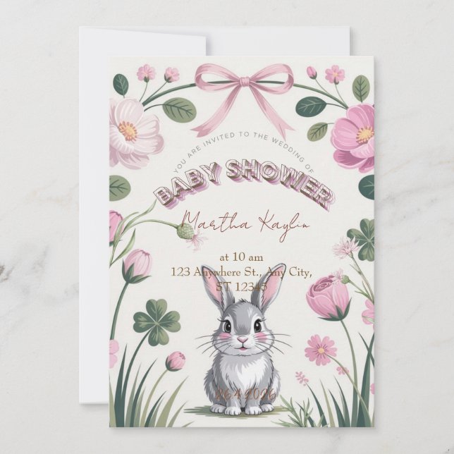Invitación de Baby Shower de Conejito Floral (Anverso)