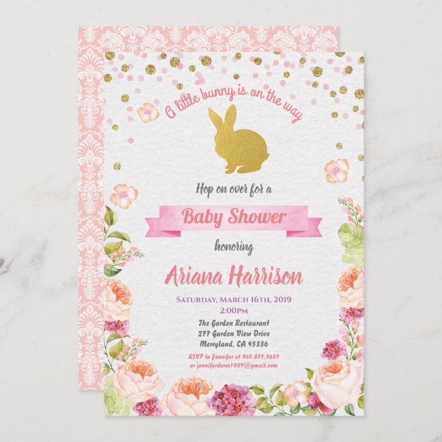 Invitación de baby shower de conejito para Pascua (Anverso / Reverso)