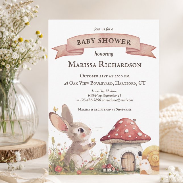 Invitación de Baby Shower de Conejito Rústico (custom cute vintage rustic bunny rabbit baby shower invitation, elegant woodland and forest theme)