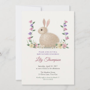 Invitación de Baby Shower de Conejito Suave y Flor