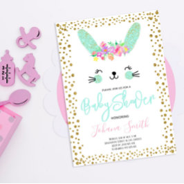 Invitación de Baby Shower de Conejo Azul Dorado Co