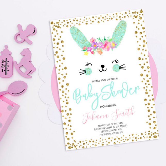 Invitación de Baby Shower de Conejo Azul Dorado Co (Subido por el creador)