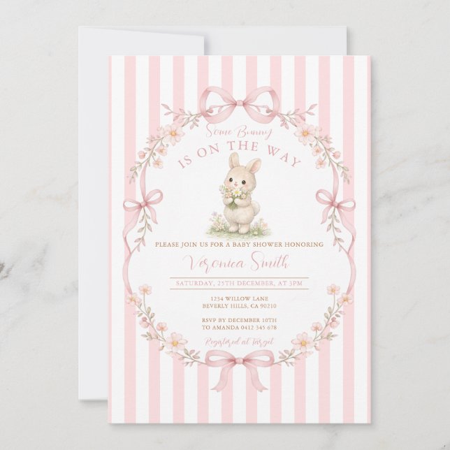 Invitación de Baby Shower de Conejo con Raya Rosa (Anverso)