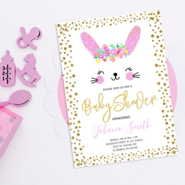 Invitación de Baby Shower de Conejo Rosa con Confe (Subido por el creador)