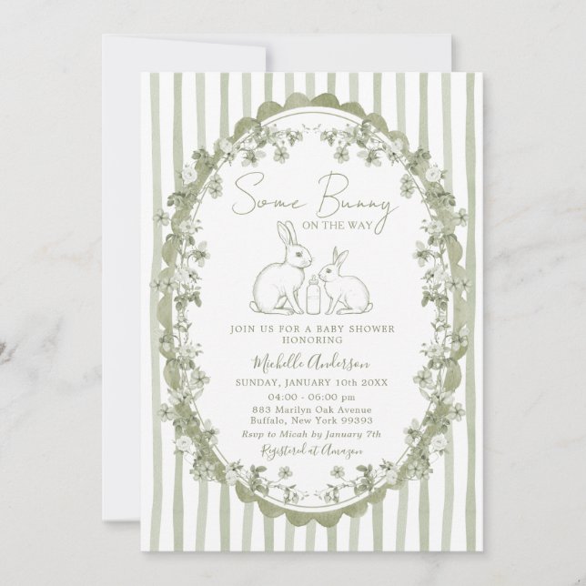 Invitación de baby shower de conejo verde salvia (Anverso)
