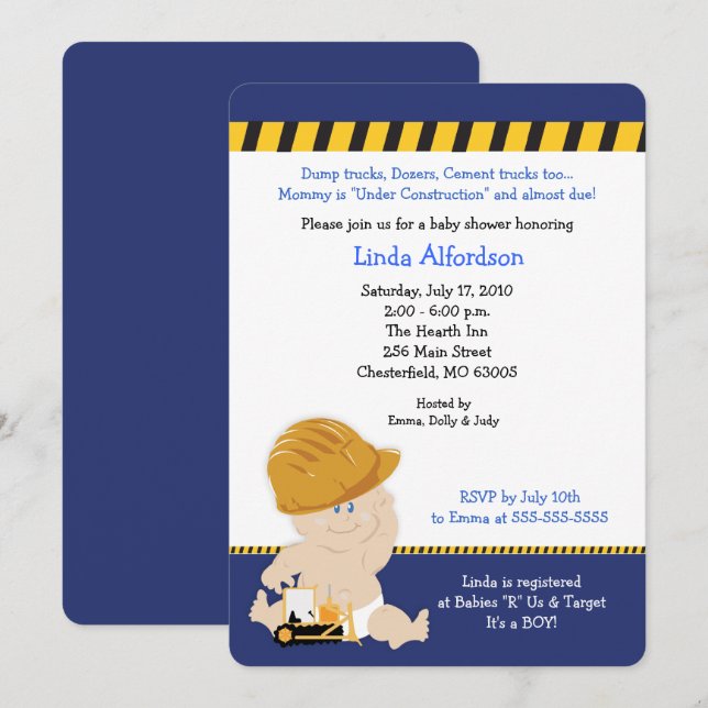 Invitación de Baby Shower de Construction Baby Boy (Anverso / Reverso)