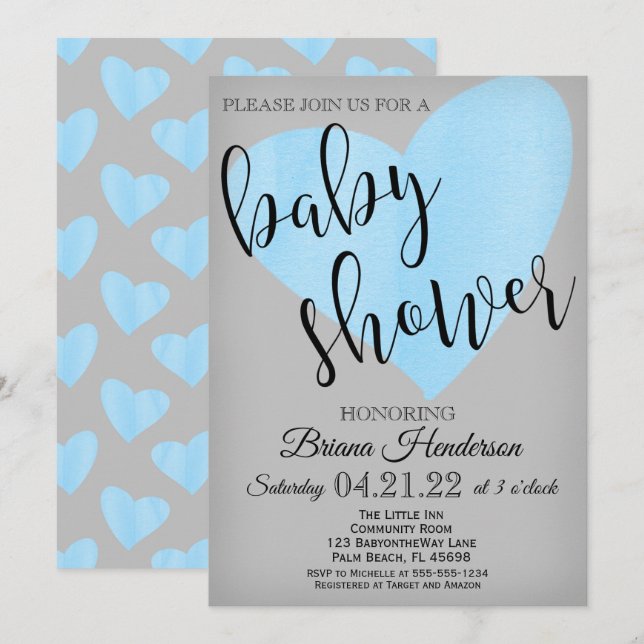 Invitación de baby shower de corazón azul para un  (Anverso / Reverso)