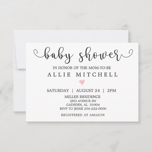 Invitación de Baby Shower de corazón rosado (Anverso)