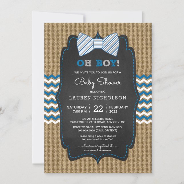 invitación de baby shower de corbata de lazo rústi (Anverso)