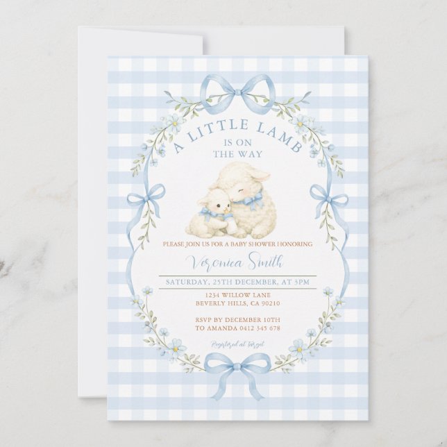 Invitación de baby shower de corderito con gingham (Anverso)