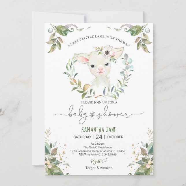Invitación de Baby Shower de cordero floral verde (Anverso)