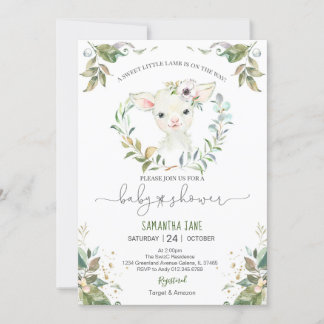 Invitación de Baby Shower de cordero floral verde