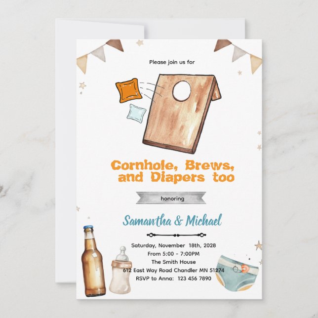 Invitación de baby shower de Cornhole y cerveza (Anverso)