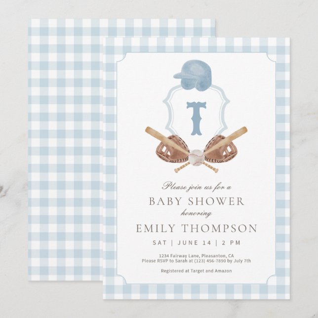 Invitación de baby shower de cresta de béisbol pre (Anverso / Reverso)