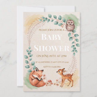 Invitación de baby shower de criaturas del bosque