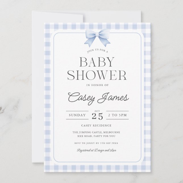 Invitación de Baby Shower de Cuadros Azules (Anverso)