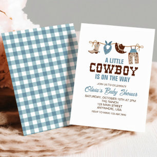 Invitación de baby shower de cuadros azules de vaq
