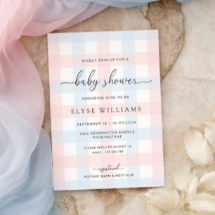 Invitación de baby shower de cuadros rosados y azu