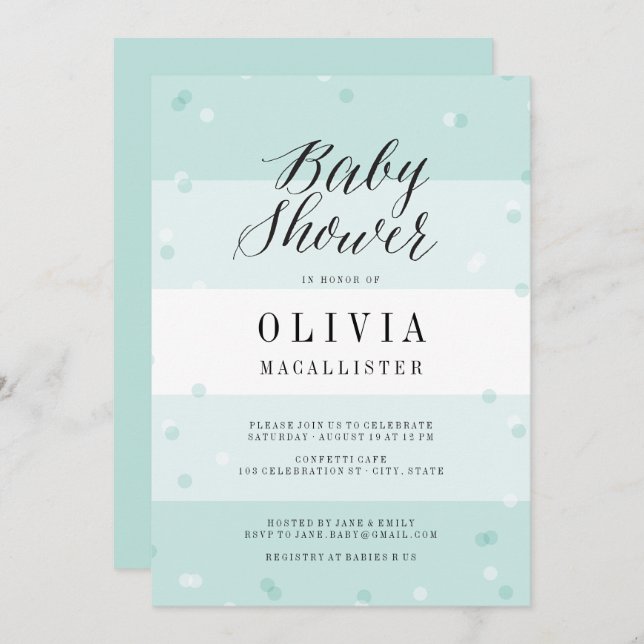 Invitación de Baby Shower de Cute Confetti Aqua St (Anverso / Reverso)