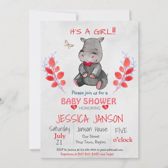 INVITACIÓN DE BABY SHOWER DE CUTE HIPPO CHICA (Anverso)