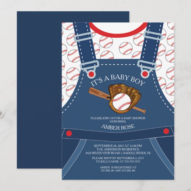 Invitación de Baby Shower de Cute Overalls BASEBAL (Anverso / Reverso)