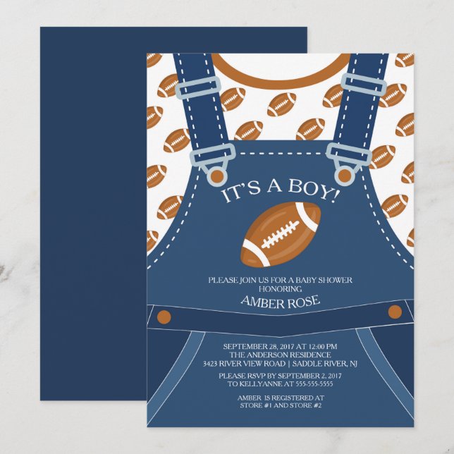Invitación de Baby Shower de Cute Overalls FOOTBAL (Anverso / Reverso)