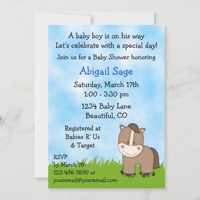 Invitación de Baby Shower de Cute Pony para niños (Anverso)