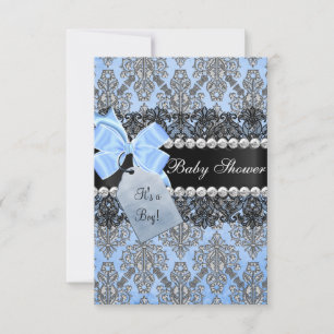 Invitación de baby shower de Damasco Azul y Niño c
