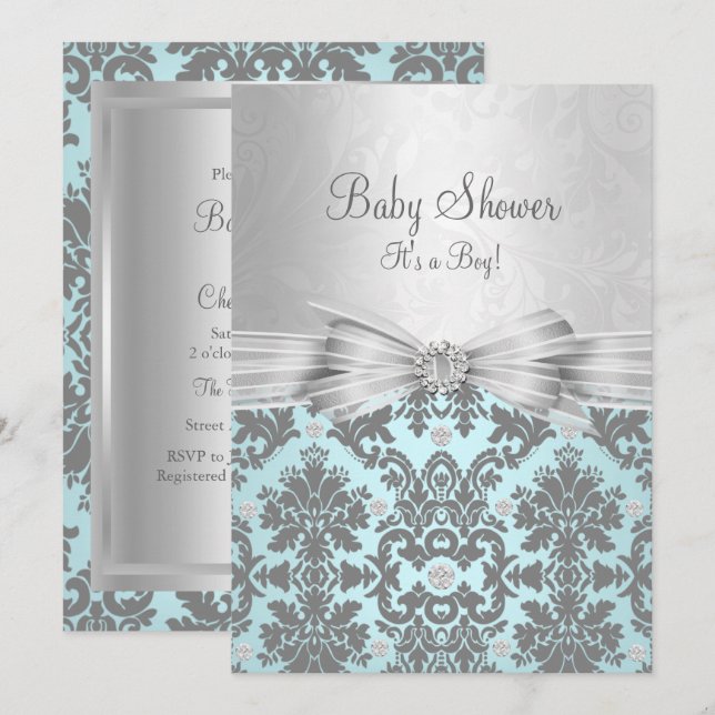Invitación de Baby Shower de Damasco Azul y Platea (Anverso / Reverso)