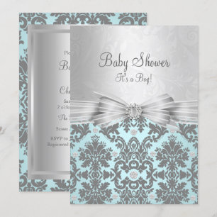 Invitación de Baby Shower de Damasco Azul y Platea