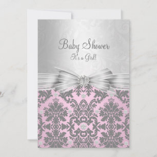 Invitación de baby shower de damasco rosa y plata