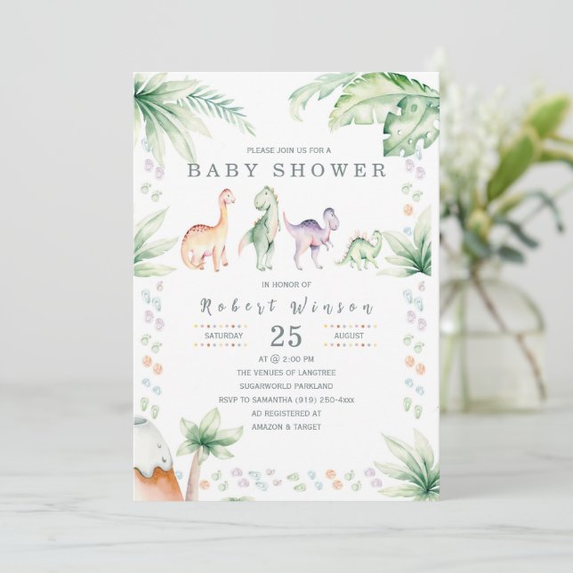 Invitación de Baby Shower de Dinosaurio (Anverso de pie)