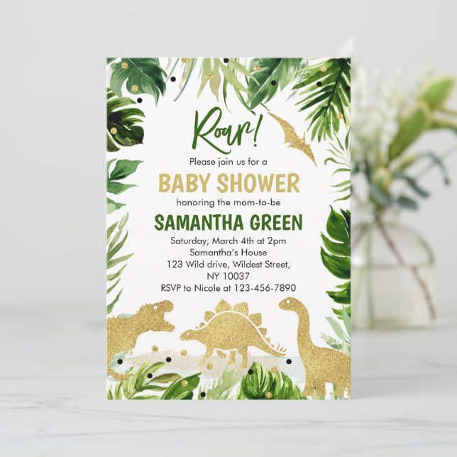 Invitación de Baby Shower de Dinosaurio (Anverso de pie)