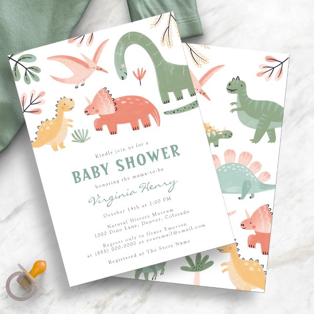 Invitación de Baby Shower de Dinosaurio Adorable (Cute Dinosaur Baby Shower Invitation by Painted Paperie
)
