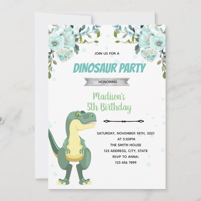 invitación de baby shower de dinosaurio azul verdo (Anverso)