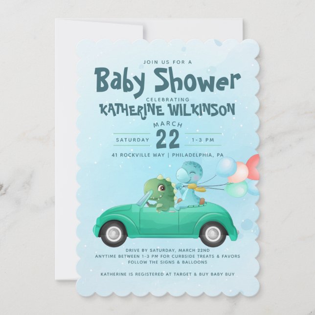 Invitación de Baby Shower de Dinosaurio | Drive By (Anverso)