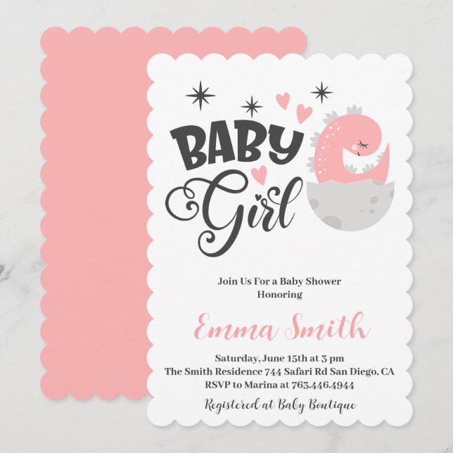 Invitación de Baby Shower de Dinosaurio Niña (Anverso / Reverso)