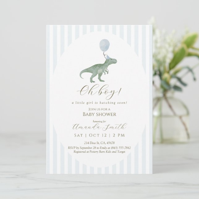 Invitación de Baby Shower de Dinosaurio Oh Boy (Anverso de pie)