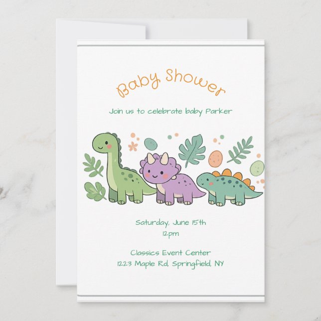 invitación de baby shower de dinosaurio para niño  (Anverso)