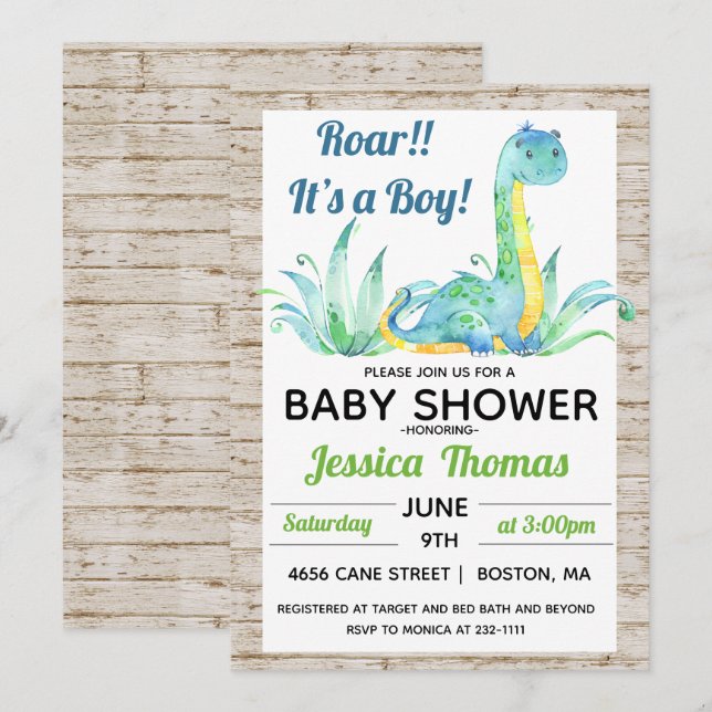 Invitación de Baby Shower de Dinosaurio Rústico pa (Anverso / Reverso)