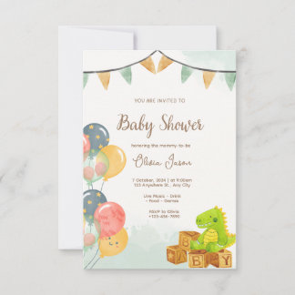 Invitación de Baby Shower de Dinosaurio | Verde y 