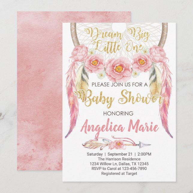 Invitación de Baby Shower de Dreamcatcher Rosado (Anverso / Reverso)