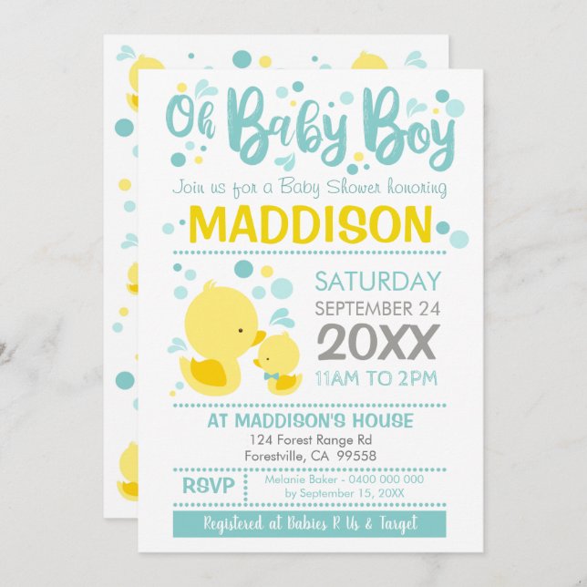 Invitación de Baby Shower de Duck de caucho Ducky  (Anverso / Reverso)