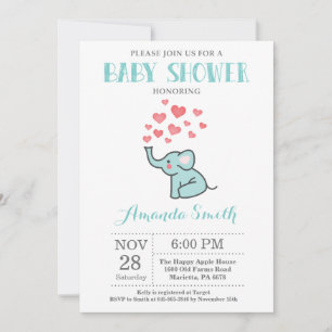 Invitación de Baby Shower de Elefante Aqua y Gris