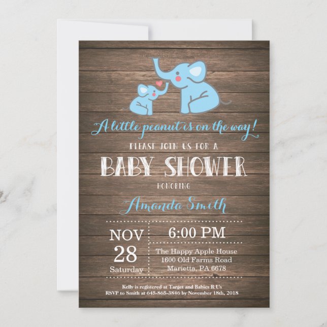 Invitación de Baby Shower de Elefante Azul Rústico (Anverso)