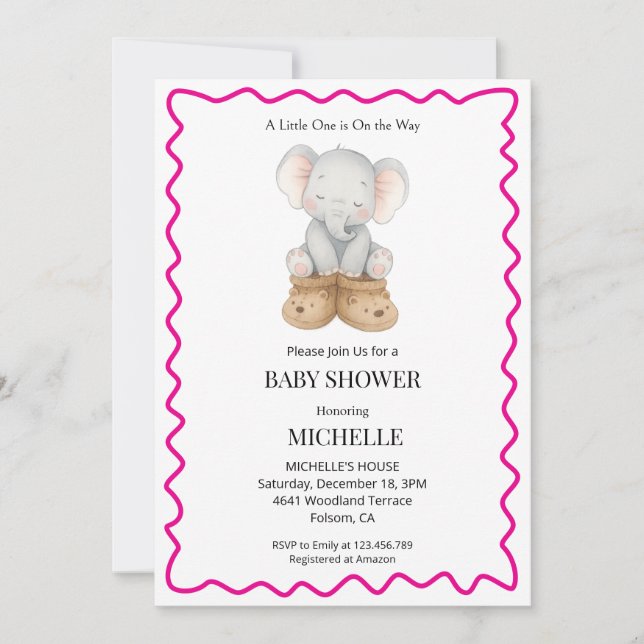 Invitación de baby shower de elefante bebé rosa li (Anverso)