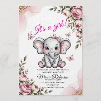 Invitación de Baby Shower de Elefante Dulce y Flor